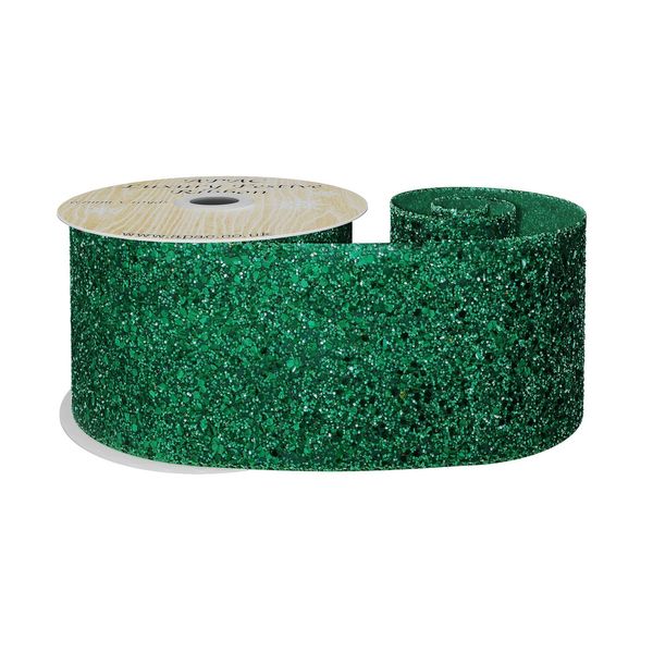 Holiday Green Glitter Ribbon 63mm x 10y wire edge 