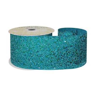 Peacock Glitter Ribbon 63mm x 10y wire edge 