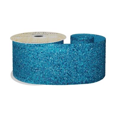 Turquoise Glitter Ribbon 63mm x 10y wire edge 