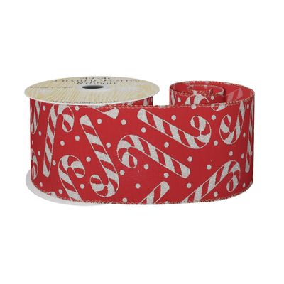 Red Ribbon with Candy cane 63mm x 10y Wire edge 