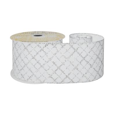 White Ribbon with DiamondPattern silver glitter  63mm x 10y wire edge
