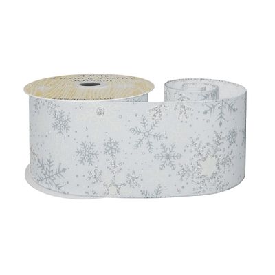 White Ribbon with White and silver Glitter snowflake  63mm x 10y wire edge