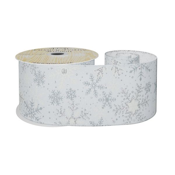 White Ribbon with White and silver Glitter snowflake  63mm x 10y wire edge