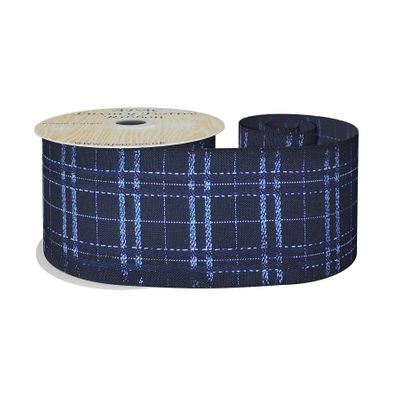 Navy Ribbon with Metallic Royal Blue Check  63mm x 10y wire edge 