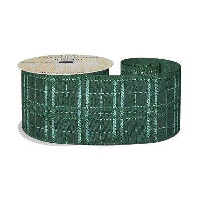 Green Ribbon with Metallic Green Check 63mm x 10y wire edge