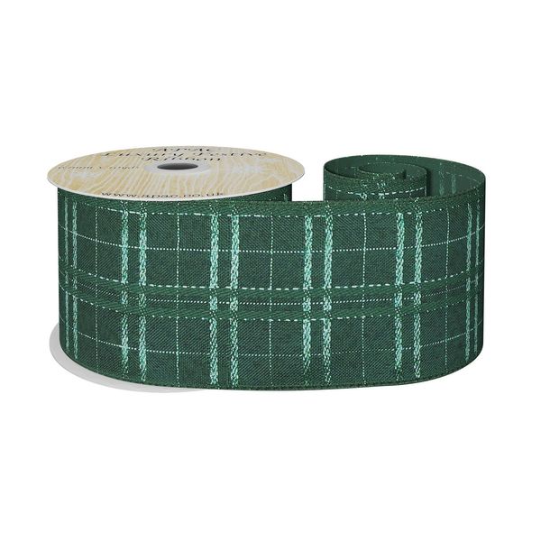 Green Ribbon with Metallic Green Check 63mm x 10y wire edge