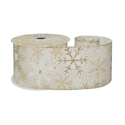 Natural Ribbon with Gold Snowflake 63mm x 10y wire edge