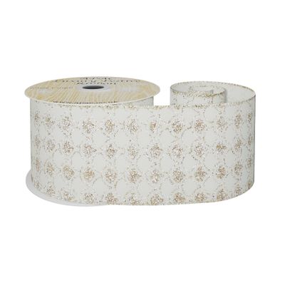 Cream Ribbon with gold Gliiter scallop design  63mmx 10yd wire edge