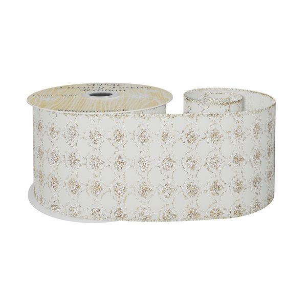 Cream Ribbon with gold Gliiter scallop design  63mmx 10yd wire edge