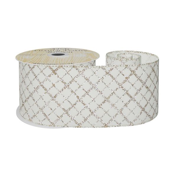 Cream Ribbon with Gold Glitter Diamond  63mm x 10yd wire edge