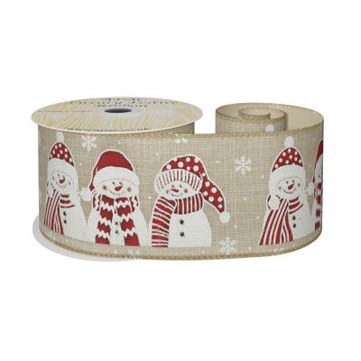 Natural Ribbon with White and Red snowman  63mm x 10yd wire edge
