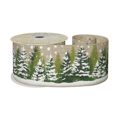 Natural Ribbon with Green tree 63mm x 10yd wire edge