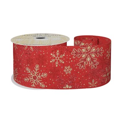 Red Ribbon with Gold and Red Snowflake 63mm x 10yd Wire Edge