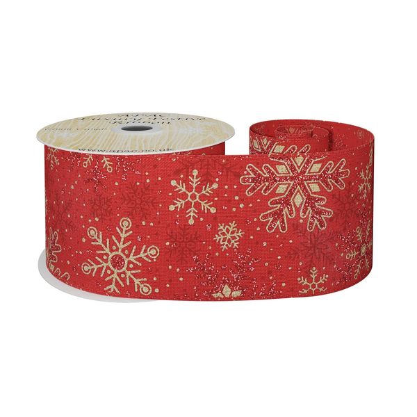 Red Ribbon with Gold and Red Snowflake 63mm x 10yd Wire Edge