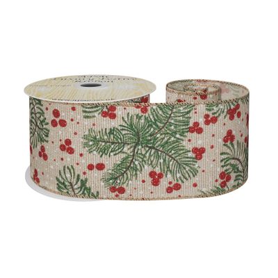 Natural green spruce and red berry ribbon 63mm x 10 yrds