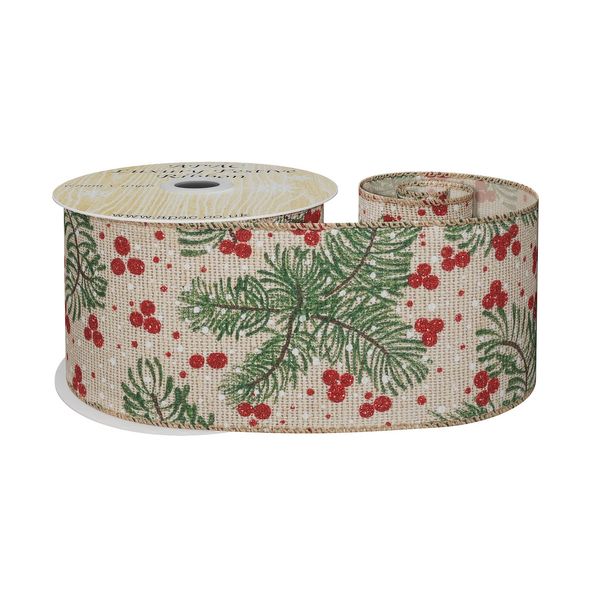Natural green spruce and red berry ribbon 63mm x 10 yrds