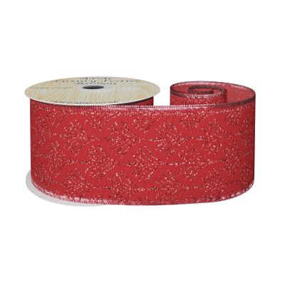 Red with Red Glitter Palm Wired Edge Ribbon 63mm x 10yds