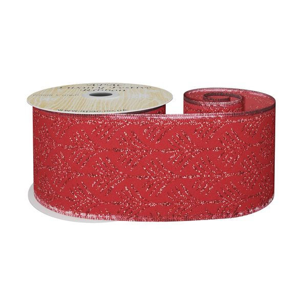 Red with Red Glitter Palm Wired Edge Ribbon 63mm x 10yds