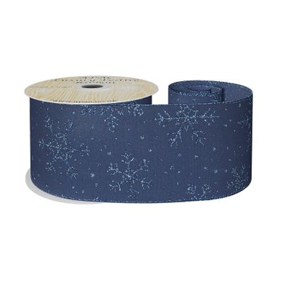 Navy Glitter Snowflake Wired Edge Ribbon 63mm x 10yds