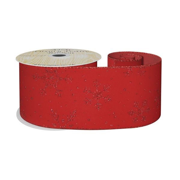 Red Glitter Snowflake Wired Edge Ribbon 63mm x 10yds