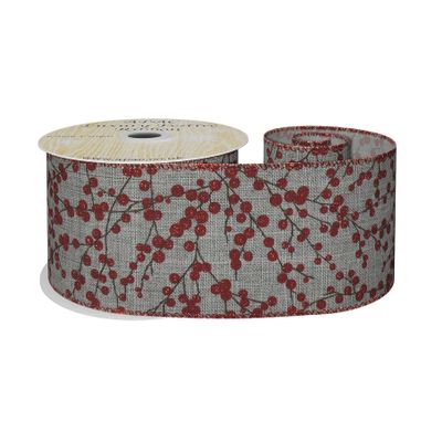 Grey with Red Glitter Berries Wired Edge Ribbon 63mm x 10yds