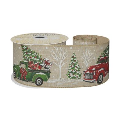 Natural Red & Green Pick-up Truck With Trees Wired Edge Ribbon 63mm x 10yds