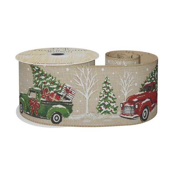 Natural Red & Green Pick-up Truck With Trees Wired Edge Ribbon 63mm x 10yds