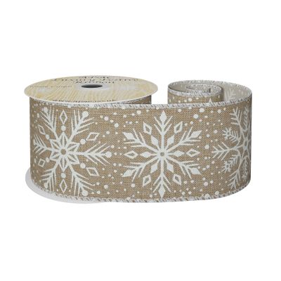 63mm x 10yds Natural W/Shiny Wht Snowflakes