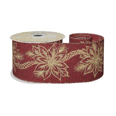 63mm x 10yds Red W/Gold Poinsettia
