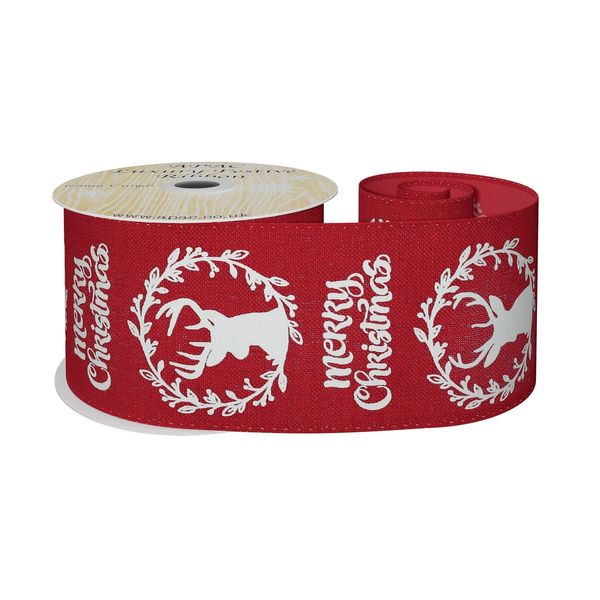 63mm x 10yds Red W/Wht Wreath/Merry Christmas