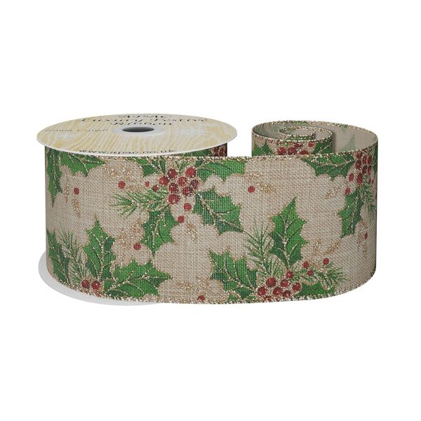 63mm x 10yds Natural W/Grn Holly/Berries