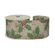 63mm x 10yds Natural W/Grn Holly/Berries