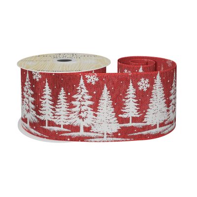 Red Mesh Ribbon with White  Xmas Tree Print  63mm x 10yd