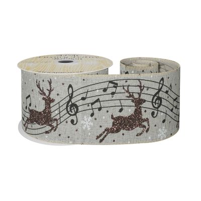 Natural  Ribbon with Reindeer and Musical Notes 63mm x 10yd