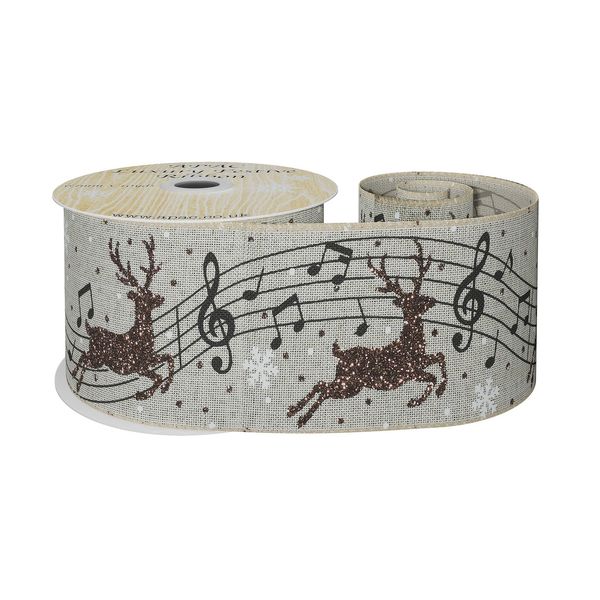 Natural  Ribbon with Reindeer and Musical Notes 63mm x 10yd