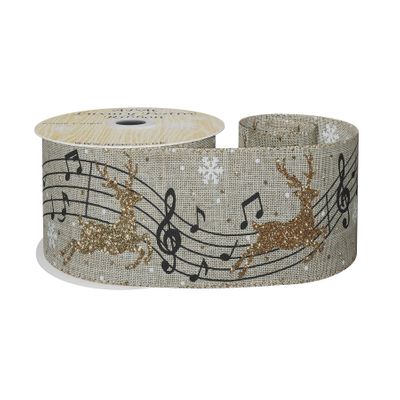Natural Ribbon With Gold Reindeer and Musical Notes 63mm x 10yd