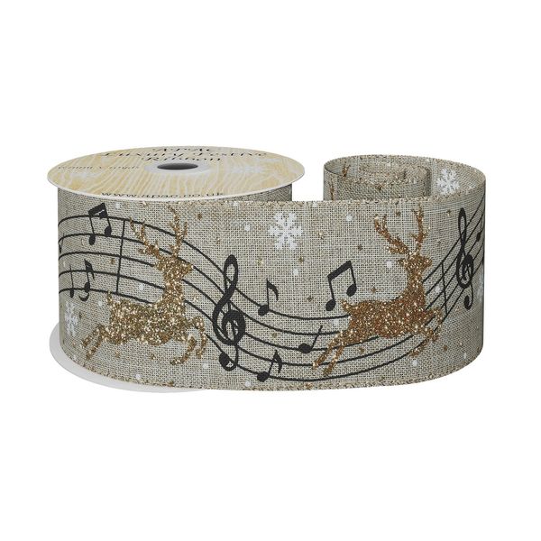 Natural Ribbon With Gold Reindeer and Musical Notes 63mm x 10yd