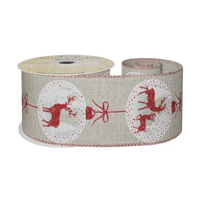 Natural Ribbon with Reindeer Bauble Print -Red/ White  63mm x 10yd