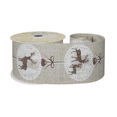 Natural Ribbon with Reindeer Bauble Print -Brown/ White  63mm x 10yd