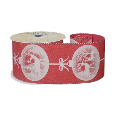 Red Satin Ribbon with Reindeer Bauble Print- White  63mm x 10yd