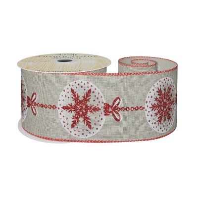 Natural Ribbon with Red Bauble Design 63mm x 10yd