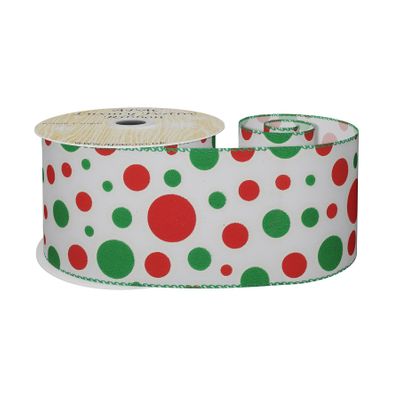 Satin  Spotty Ribbon  Red/ Green With Green Trim 63mm x 10 yd