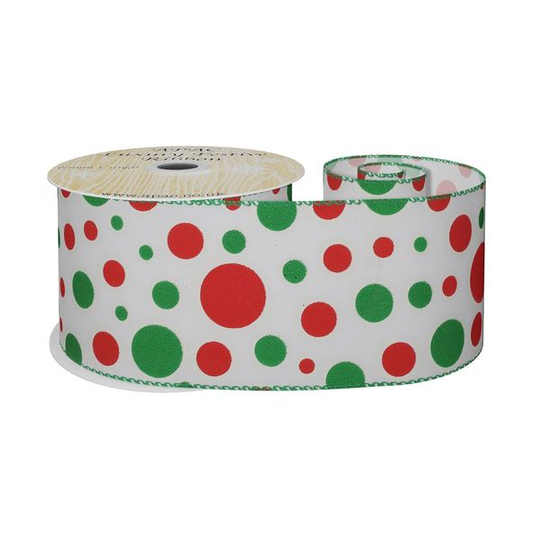 Satin  Spotty Ribbon  Red/ Green With Green Trim 63mm x 10 yd