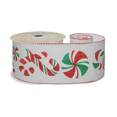 Taffeta Ribbon  with Candy Cane Print  Red/White/Green 63mm x 10yd