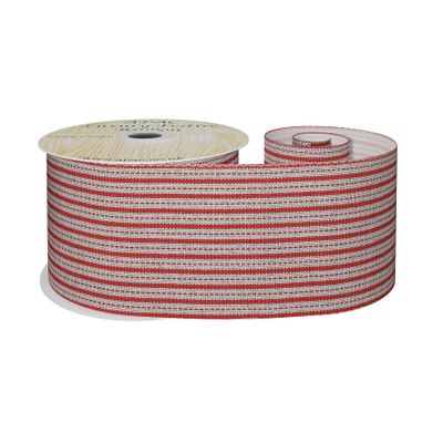 Red and Natural Striped Fabric Ribbon 63mm x 10yd