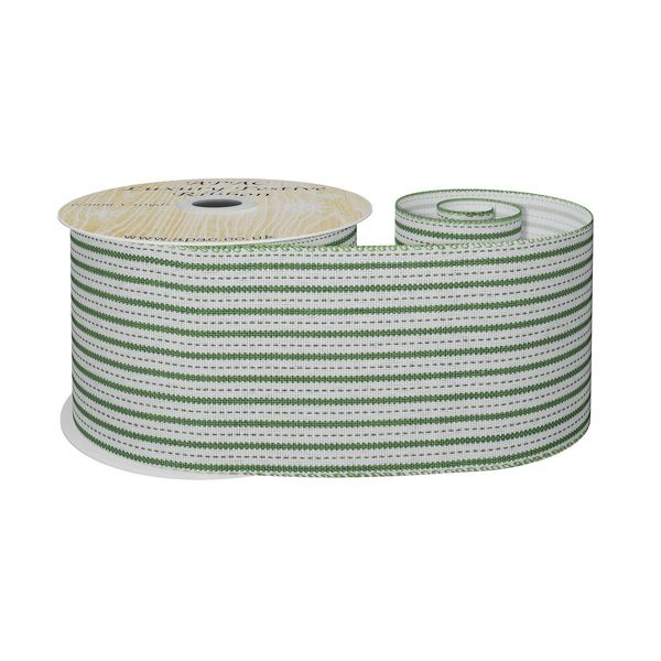 White and Green Striped Fabric Ribbon 63mm x 10yd