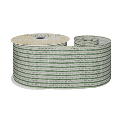 Natural and Green Striped Fabric Ribbon 63mm x 10yd