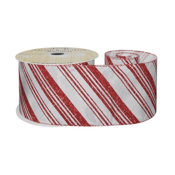 White Satin Ribbon with Red Glitter Diagonal Stripes 63mm x 10yd