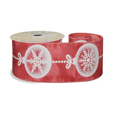 Red Satin Ribbon with Snowflake Bauble Print- White  63mm x 10yd
