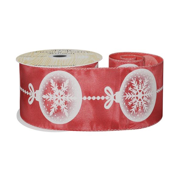 Red Satin Ribbon with Snowflake Bauble Print- White  63mm x 10yd